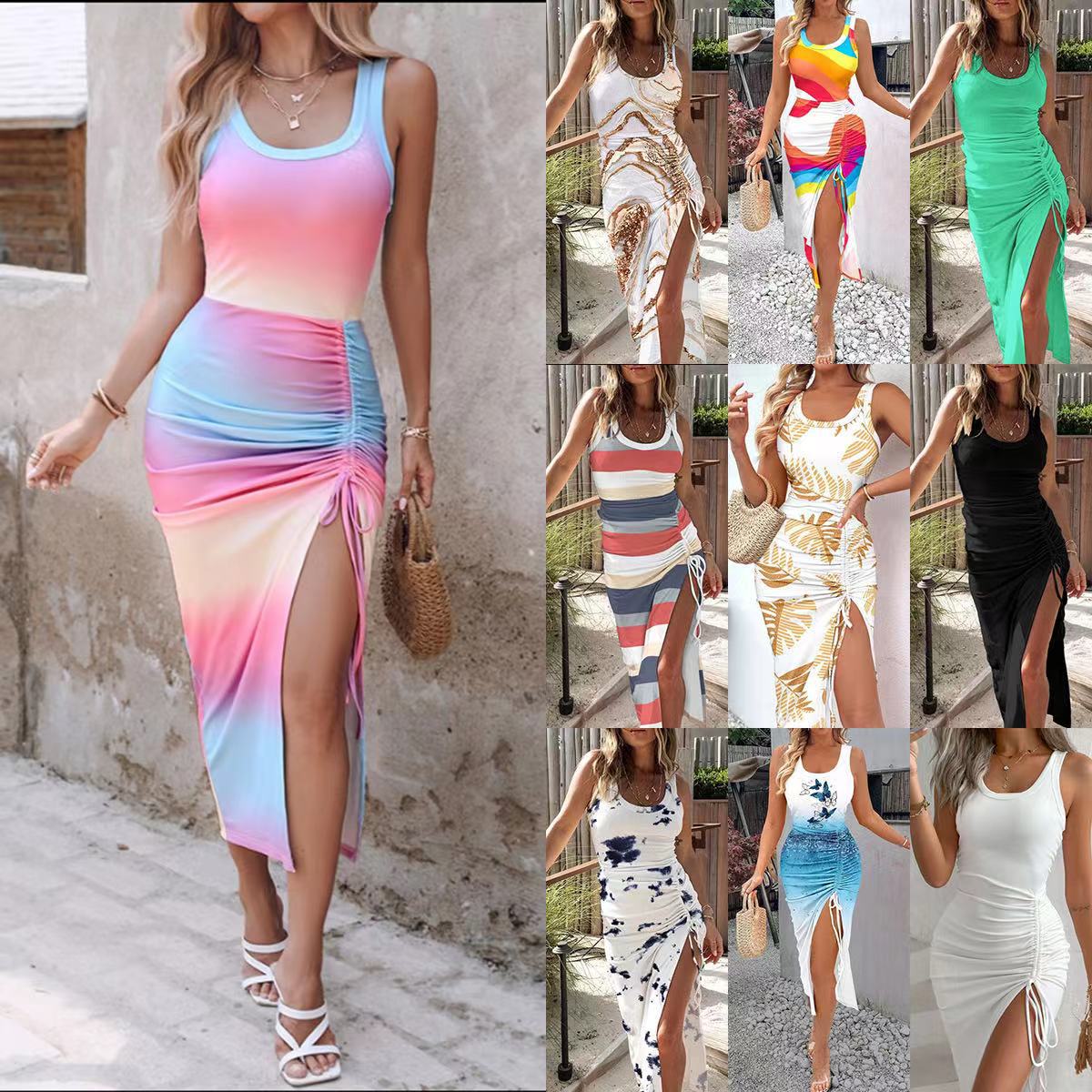Sleeveless Bodycon Midi Dress with Ruched Drawstring Slit