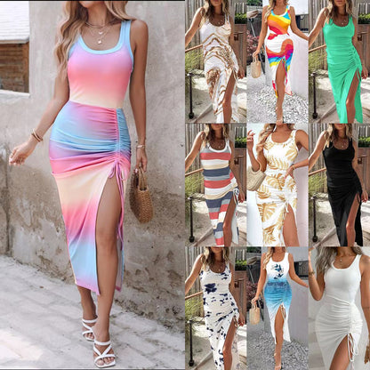 Sleeveless Bodycon Midi Dress with Ruched Drawstring Slit