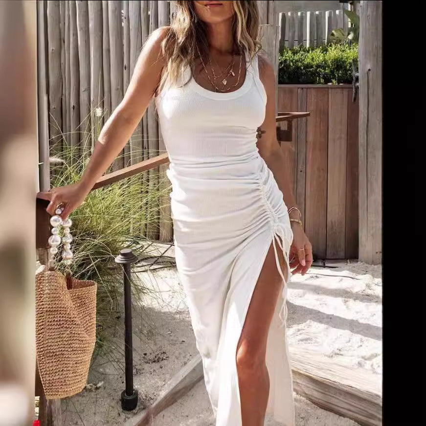 Sleeveless Bodycon Midi Dress with Ruched Drawstring Slit