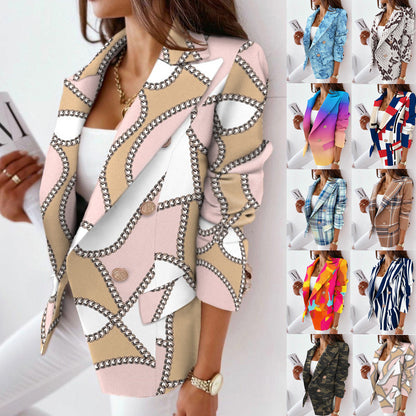 Printed Double-Breasted Blazer with Long Sleeves