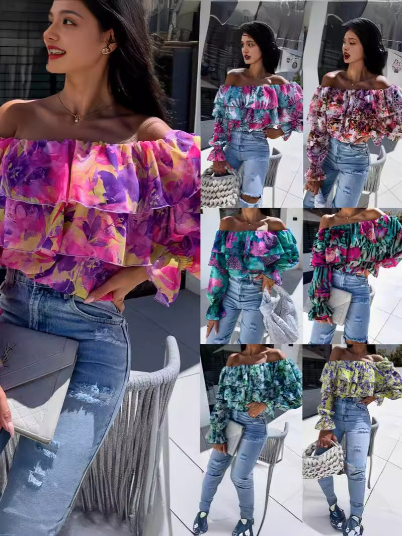 Floral Print Off-Shoulder Blouse with Ruffled Long Sleeves