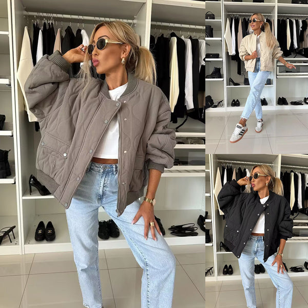 Oversized Quilted Bomber Jacket with Snap Buttons