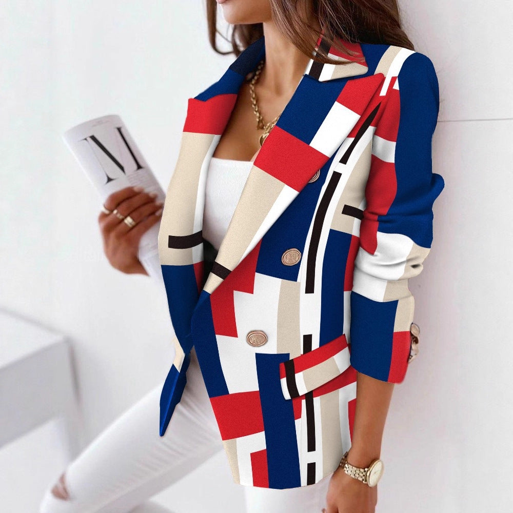 Printed Double-Breasted Blazer with Long Sleeves