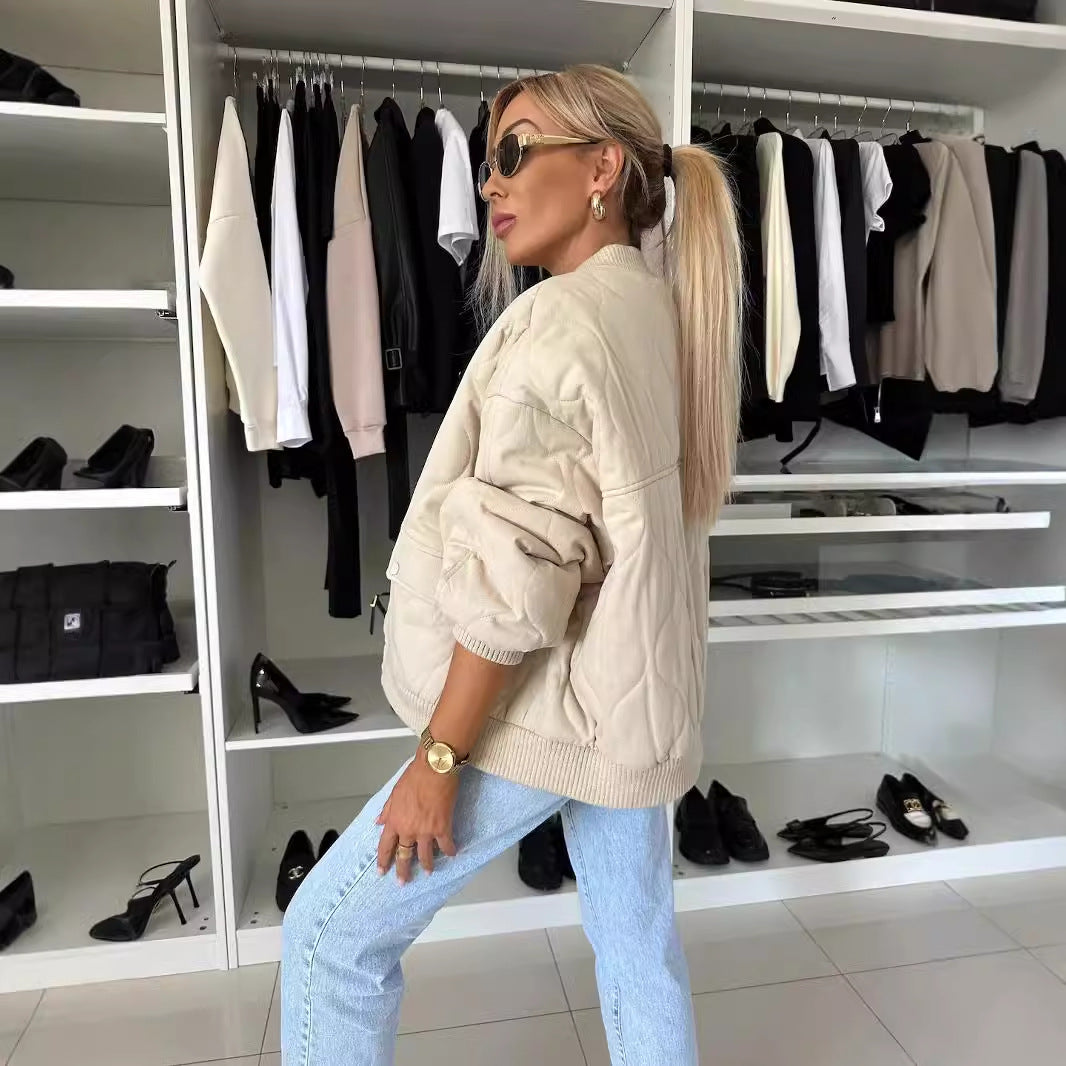 Oversized Quilted Bomber Jacket with Snap Buttons
