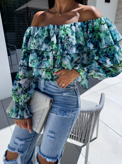 Floral Print Off-Shoulder Blouse with Ruffled Long Sleeves