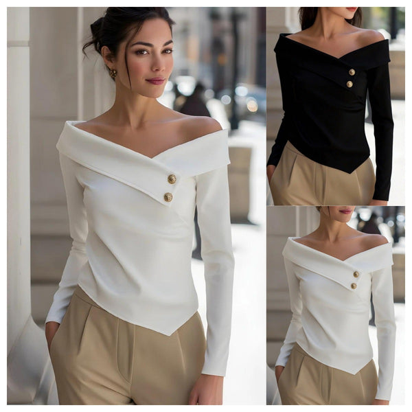 Solid Off-Shoulder Long Sleeve Top with Asymmetric Button Front