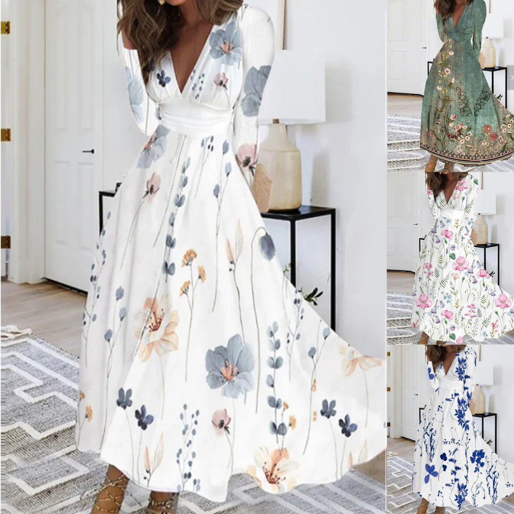 Floral Print Midi Dress with V-Neck and Long Sleeves