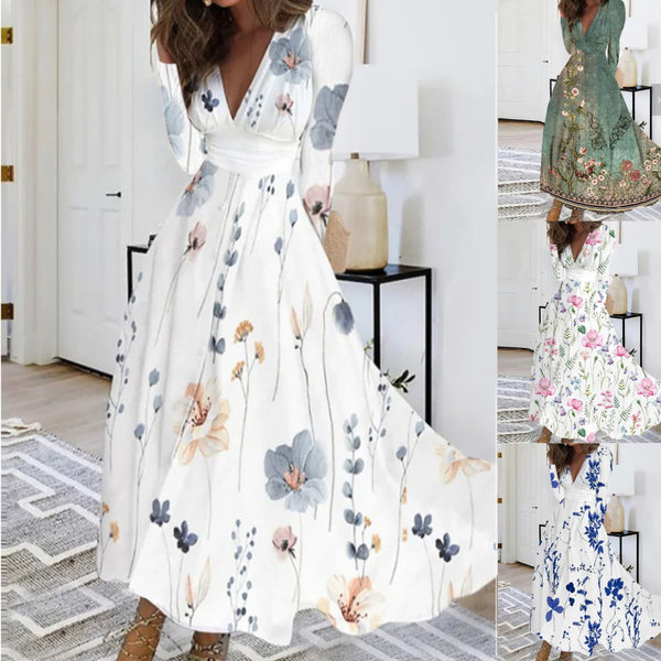 Floral Print Midi Dress with V-Neck and Long Sleeves