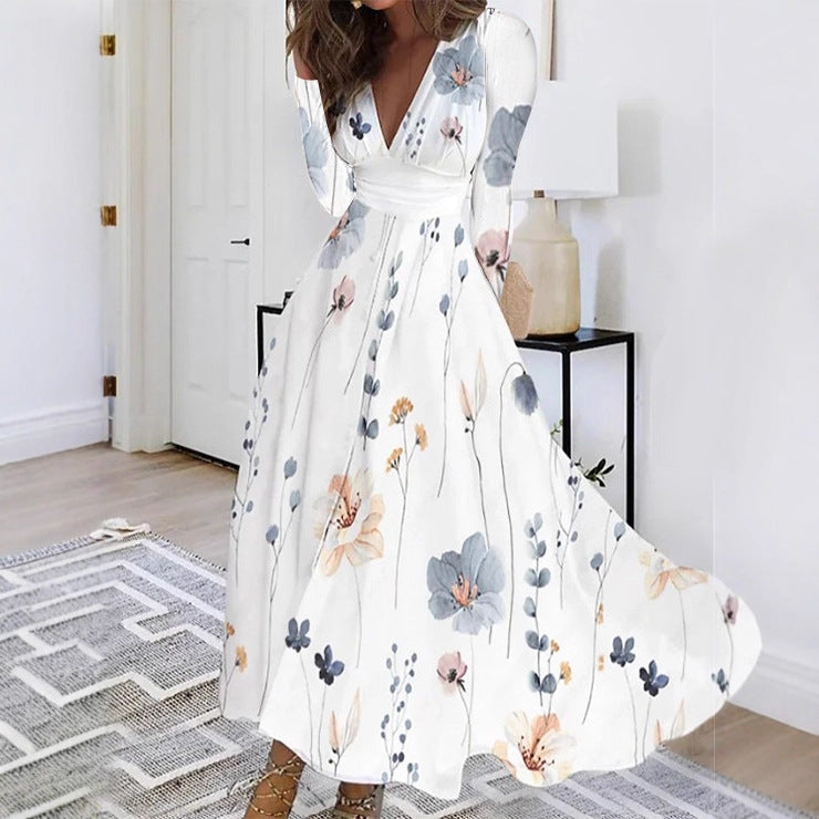 Floral Print Midi Dress with V-Neck and Long Sleeves