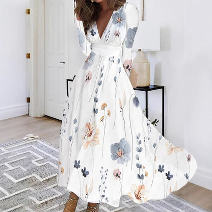 Floral Print Midi Dress with V-Neck and Long Sleeves