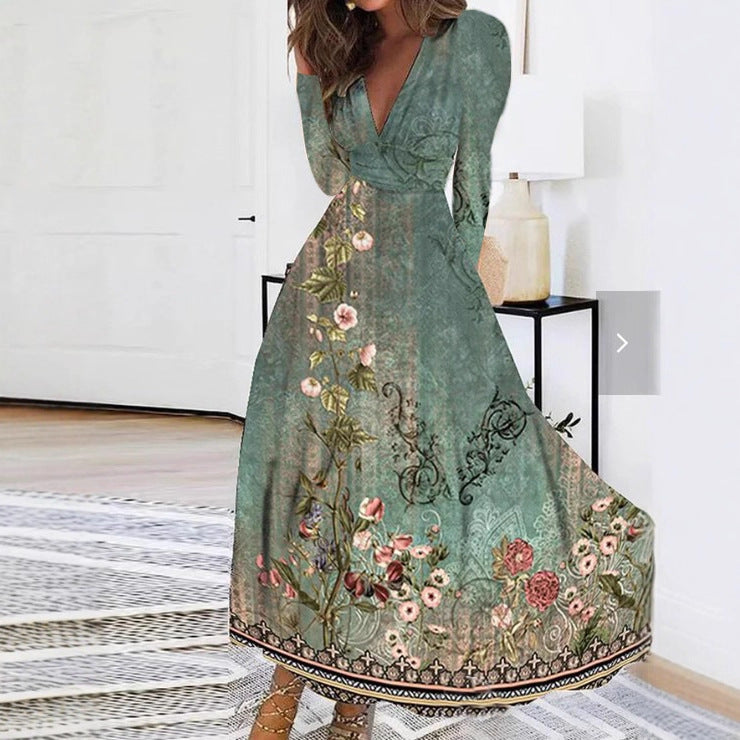 Floral Print Midi Dress with V-Neck and Long Sleeves
