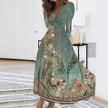 Floral Print Midi Dress with V-Neck and Long Sleeves
