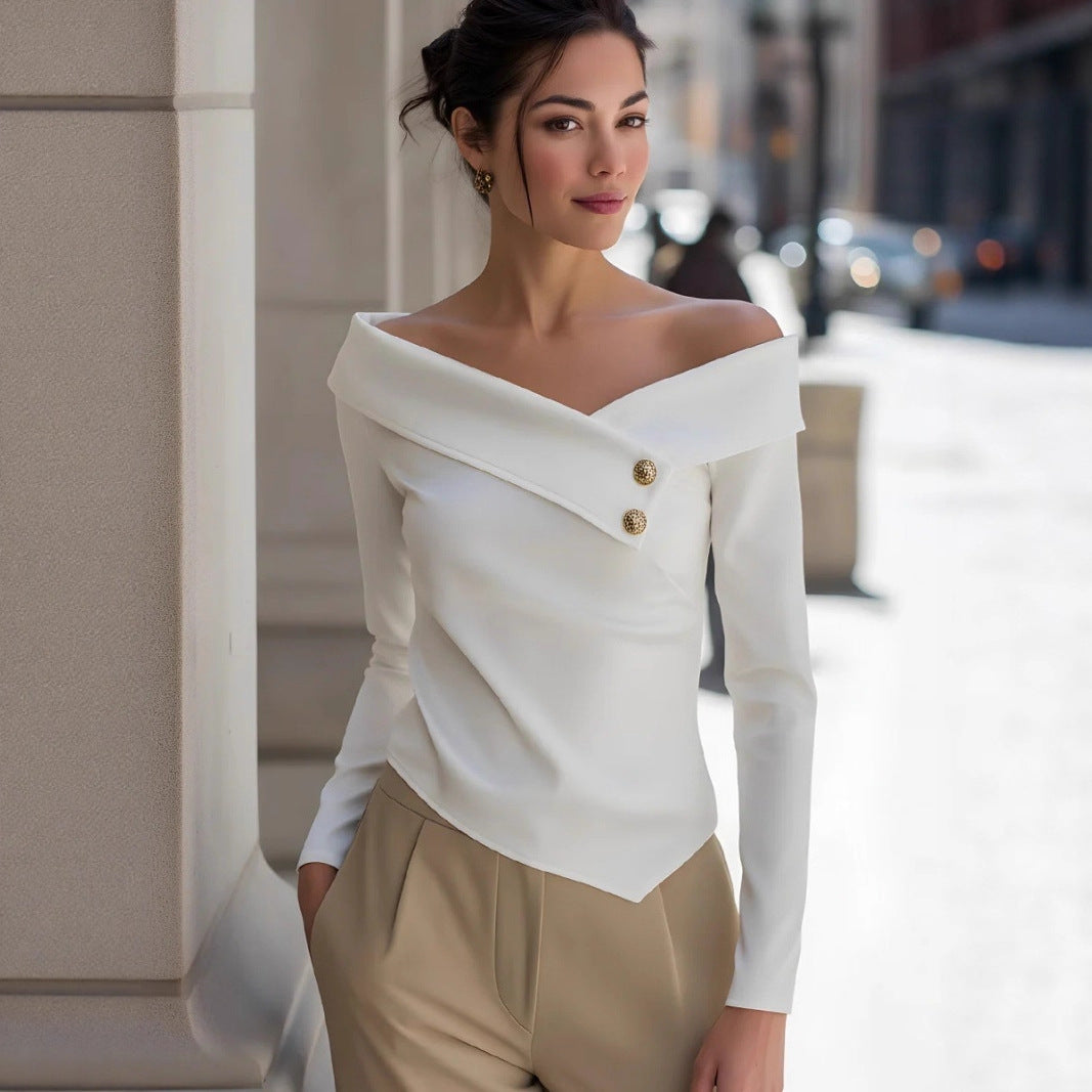 Solid Off-Shoulder Long Sleeve Top with Asymmetric Button Front