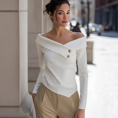 Solid Off-Shoulder Long Sleeve Top with Asymmetric Button Front