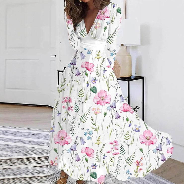 Floral Print Midi Dress with V-Neck and Long Sleeves