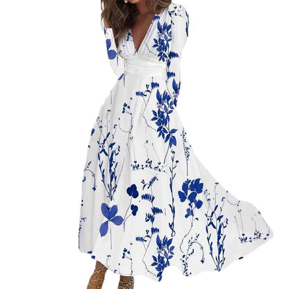 Floral Print Midi Dress with V-Neck and Long Sleeves