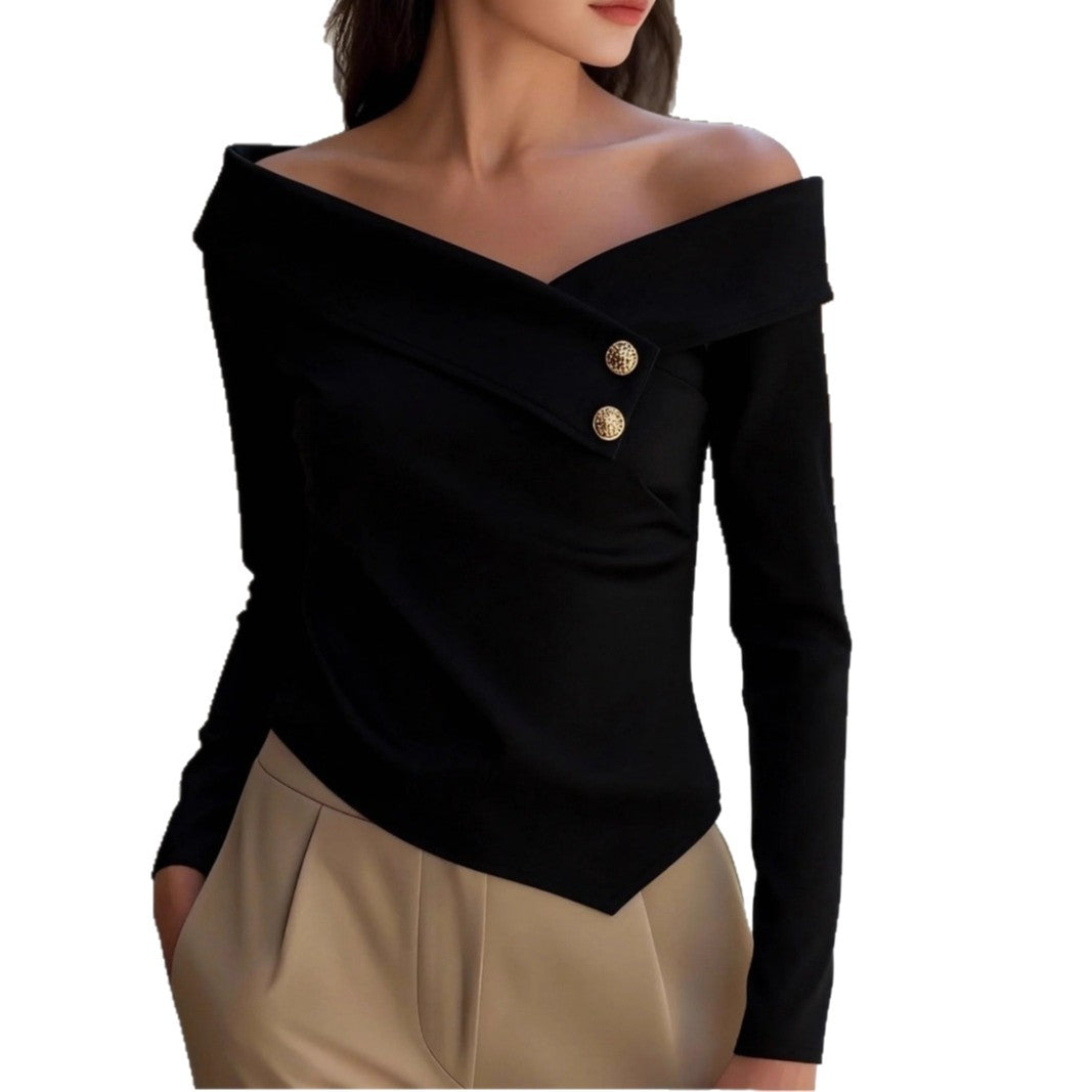 Solid Off-Shoulder Long Sleeve Top with Asymmetric Button Front