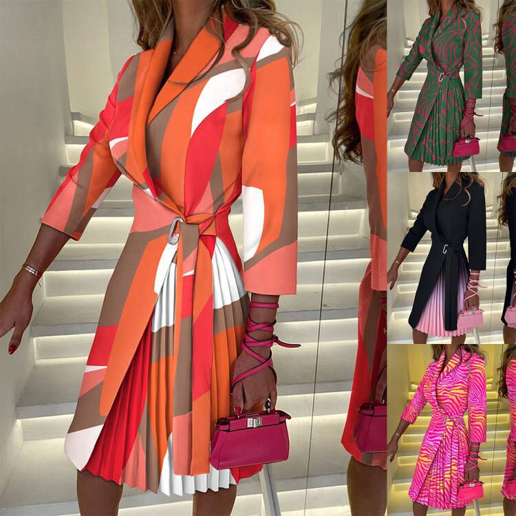 Printed Blazer Wrap Dress with Pleated Midi Skirt