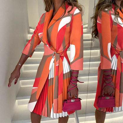 Printed Blazer Wrap Dress with Pleated Midi Skirt