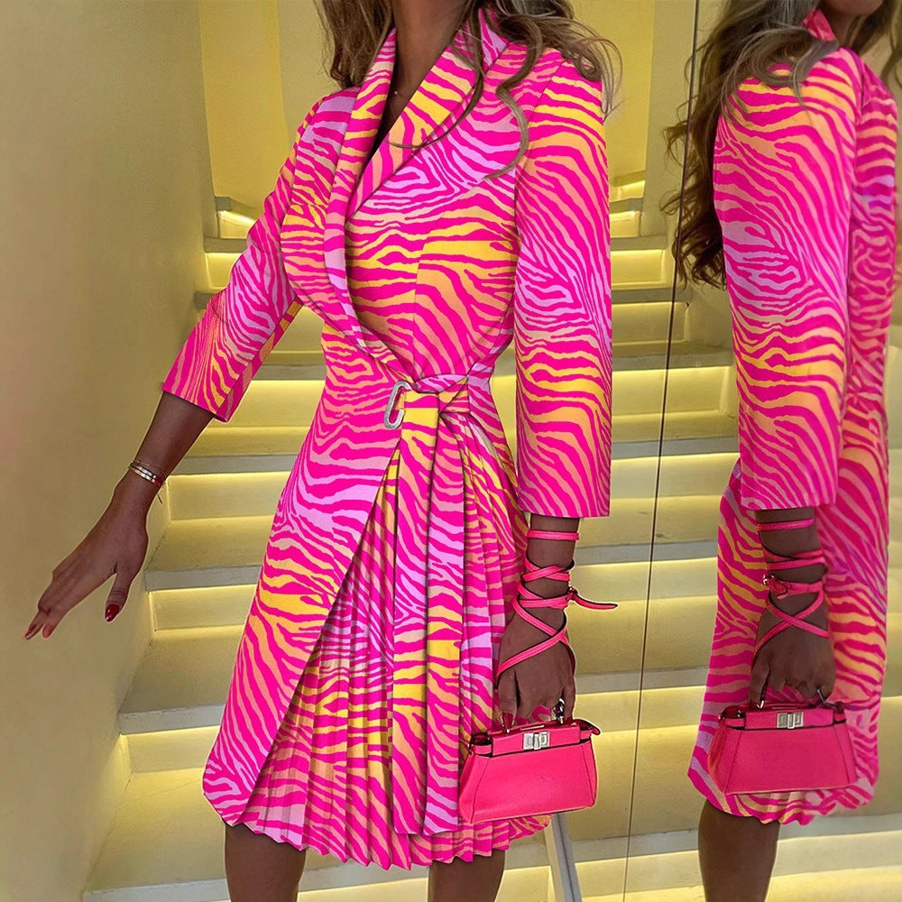 Printed Blazer Wrap Dress with Pleated Midi Skirt