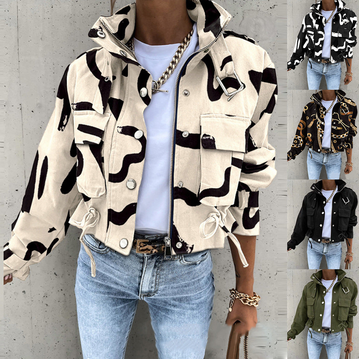 Printed Cropped Jacket with High Collar and Flap Pockets