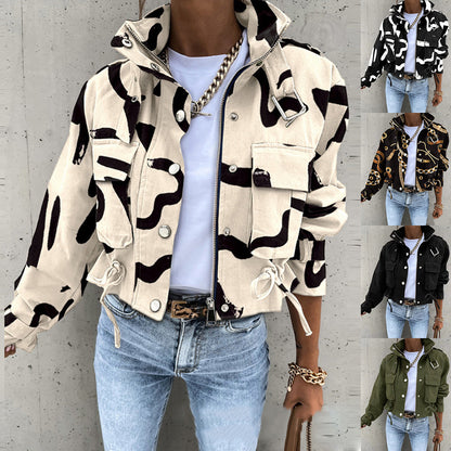 Printed Cropped Jacket with High Collar and Flap Pockets