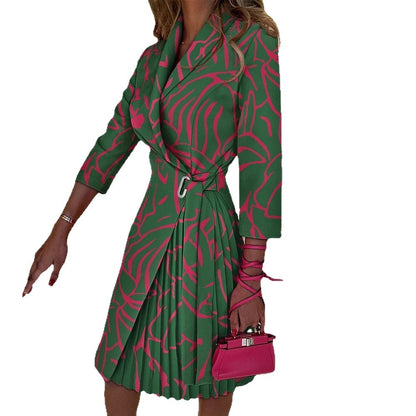 Printed Blazer Wrap Dress with Pleated Midi Skirt
