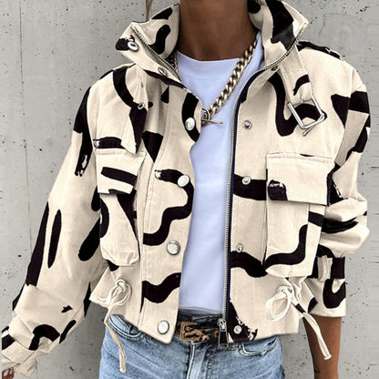 Printed Cropped Jacket with High Collar and Flap Pockets
