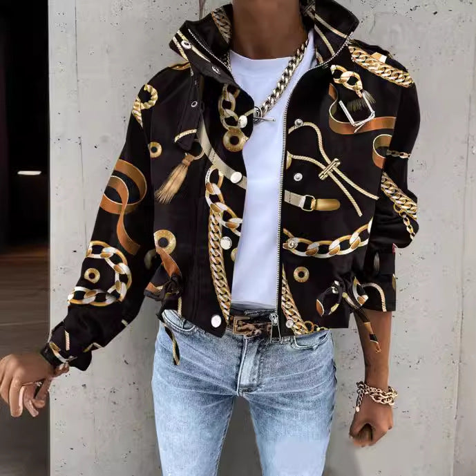 Printed Cropped Jacket with High Collar and Flap Pockets