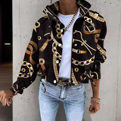 Printed Cropped Jacket with High Collar and Flap Pockets