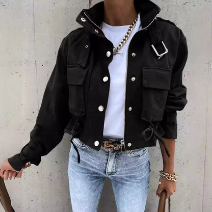Printed Cropped Jacket with High Collar and Flap Pockets