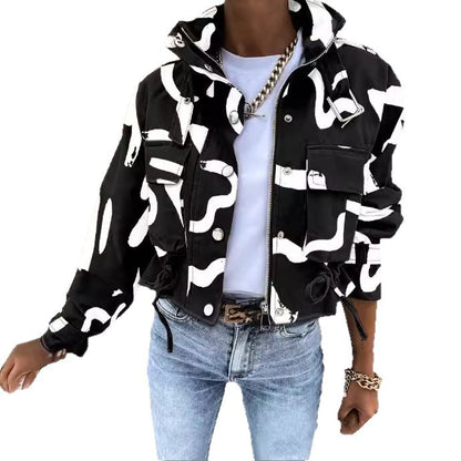 Printed Cropped Jacket with High Collar and Flap Pockets
