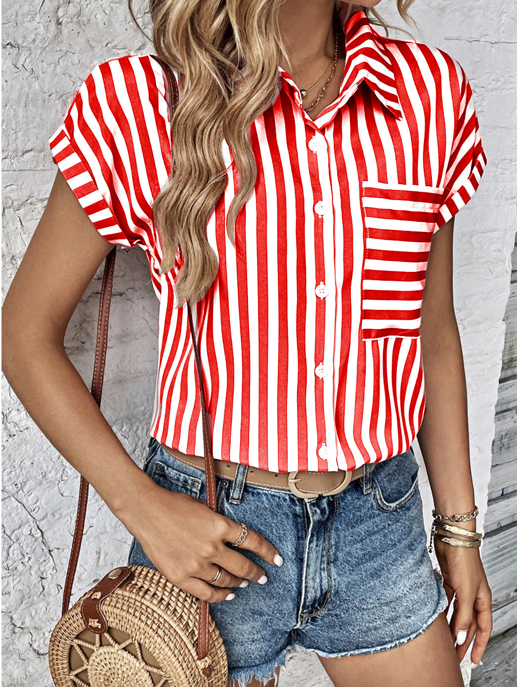 Striped Button-Down Shirt with Short Sleeves