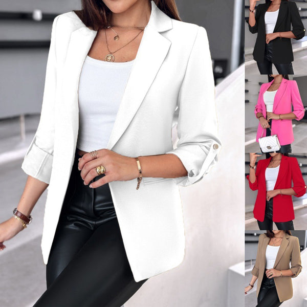 Solid Notched Lapel Blazer with Roll-Up Sleeves