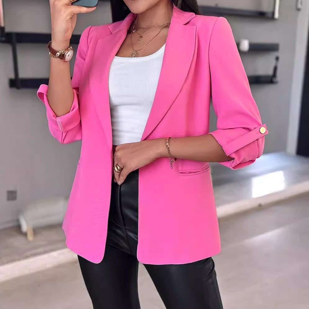 Solid Notched Lapel Blazer with Roll-Up Sleeves