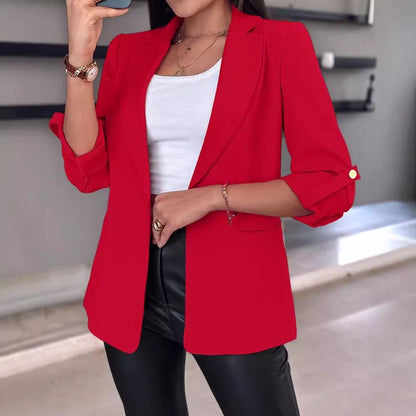 Solid Notched Lapel Blazer with Roll-Up Sleeves