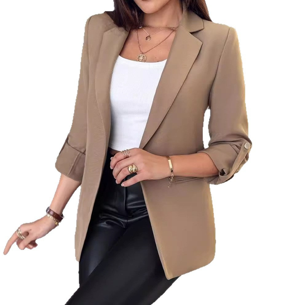 Solid Notched Lapel Blazer with Roll-Up Sleeves