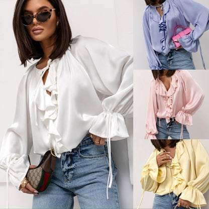 Silky Blouse with Ruffled V-Neck and Tie Cuffs