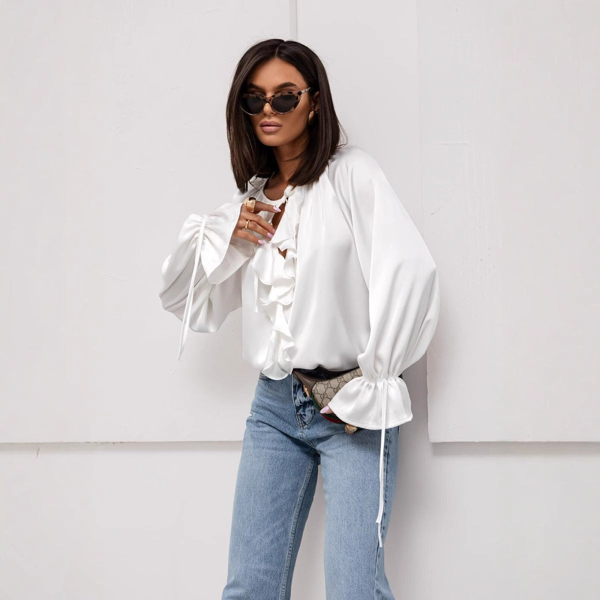 Silky Blouse with Ruffled V-Neck and Tie Cuffs