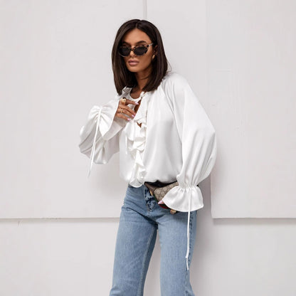 Silky Blouse with Ruffled V-Neck and Tie Cuffs
