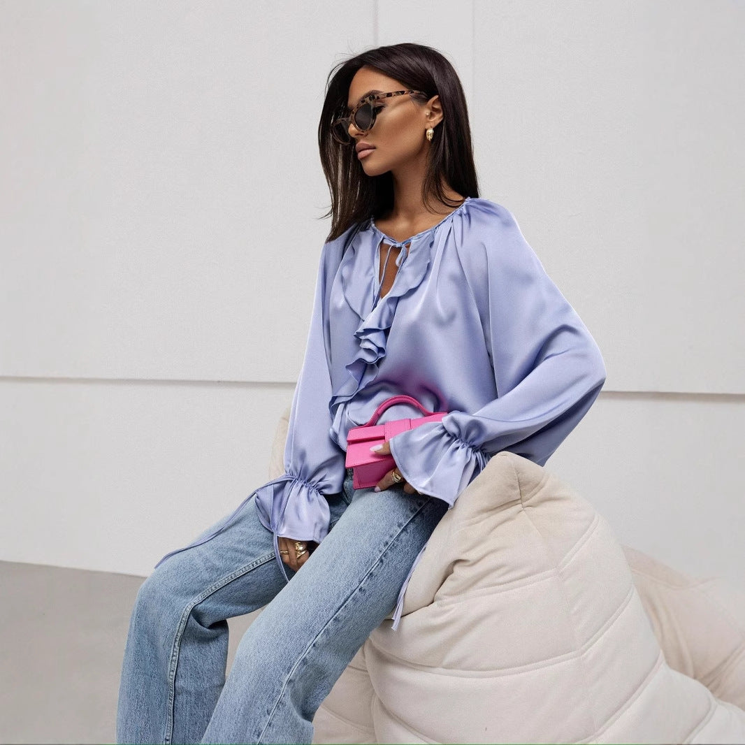 Silky Blouse with Ruffled V-Neck and Tie Cuffs