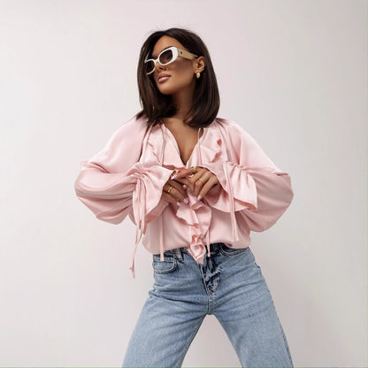 Silky Blouse with Ruffled V-Neck and Tie Cuffs