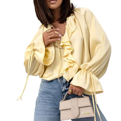 Silky Blouse with Ruffled V-Neck and Tie Cuffs