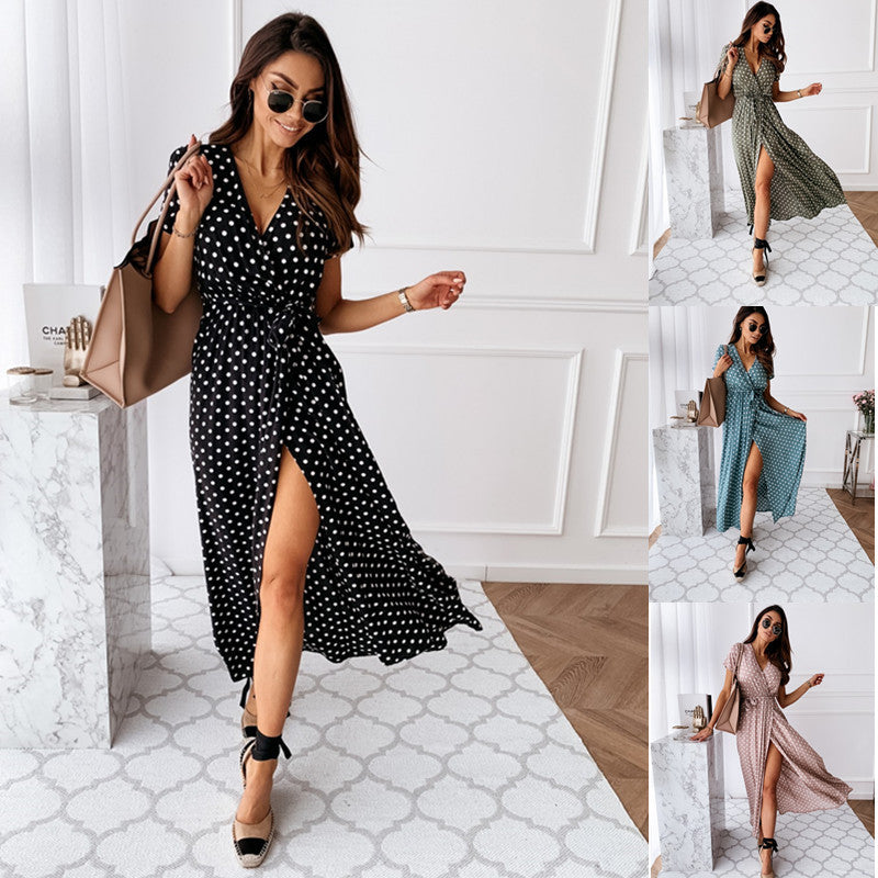 Polka Dot Wrap Maxi Dress with High Slit