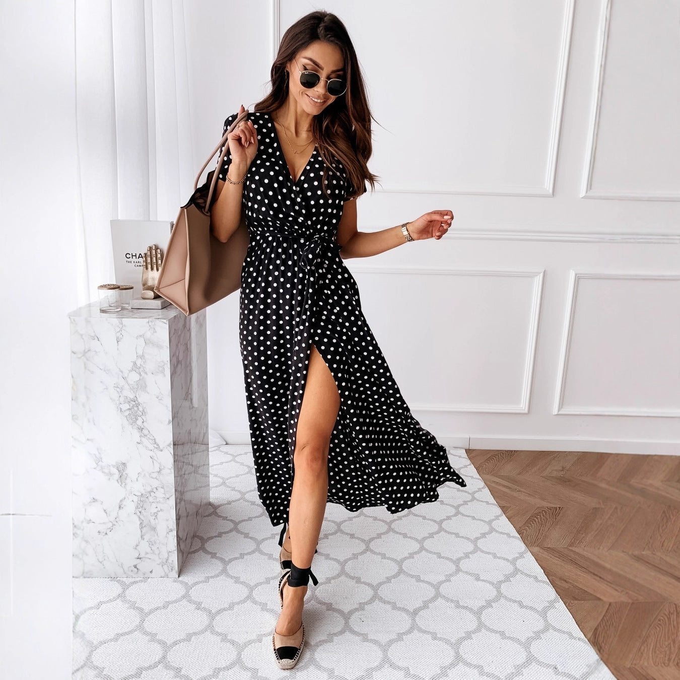 Polka Dot Wrap Maxi Dress with High Slit