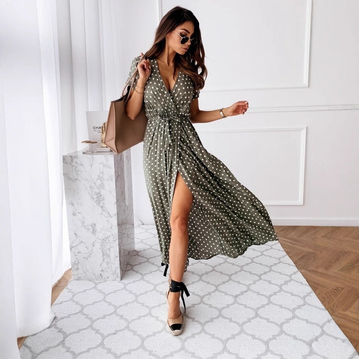 Polka Dot Wrap Maxi Dress with High Slit