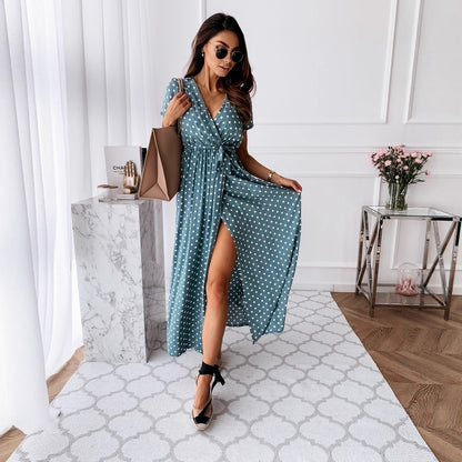 Polka Dot Wrap Maxi Dress with High Slit