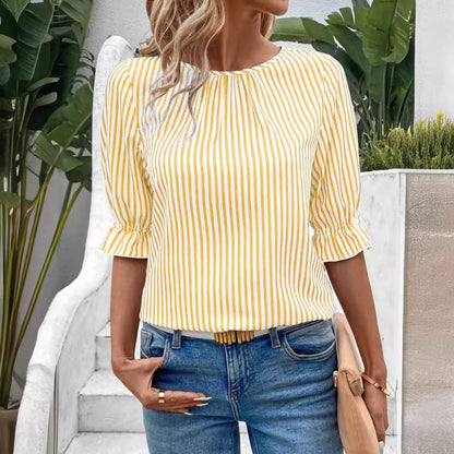 Striped Blouse with Gathered Crewneck and Ruffled Cuffs