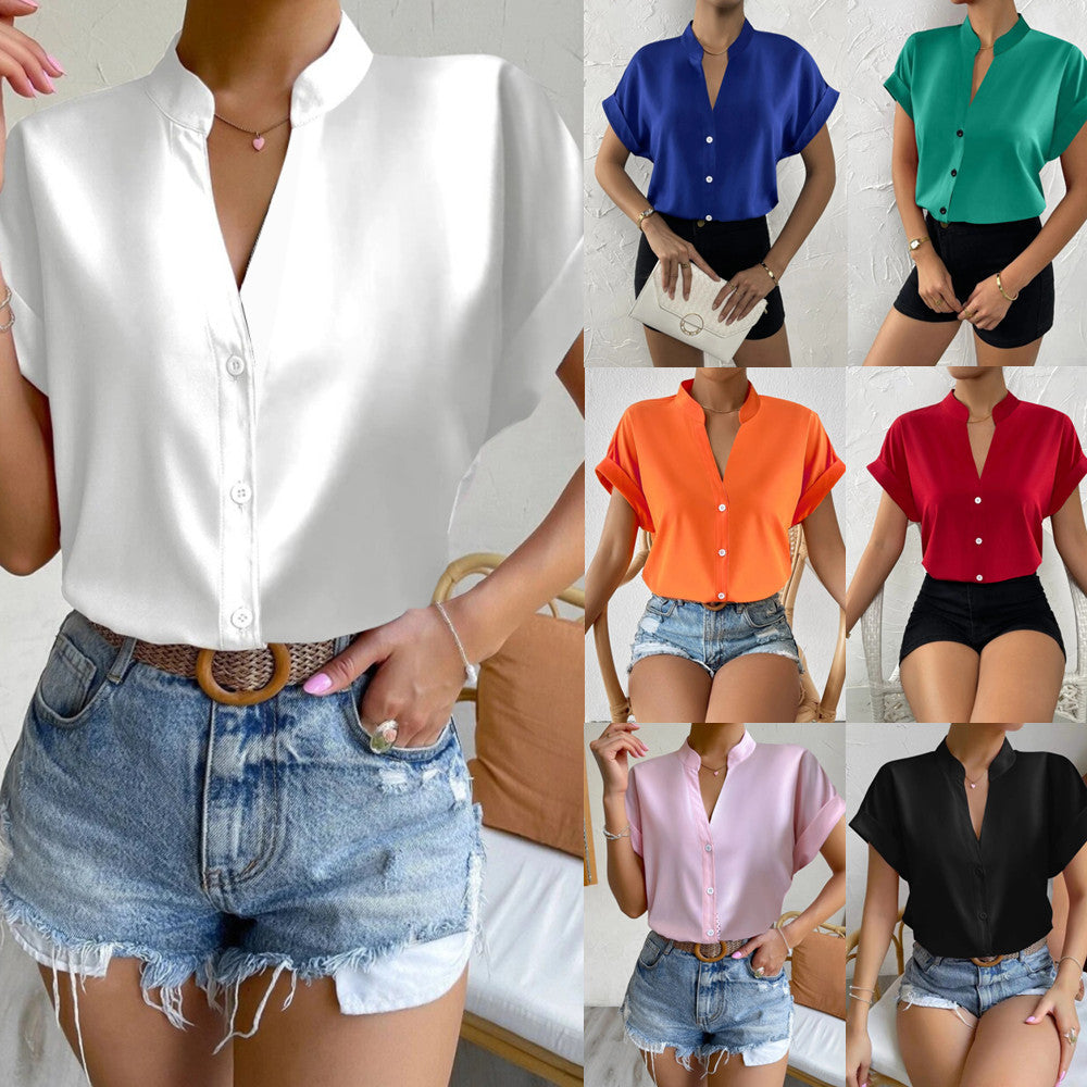 Solid Blouse with Short Sleeves and Band Collar V-Neck