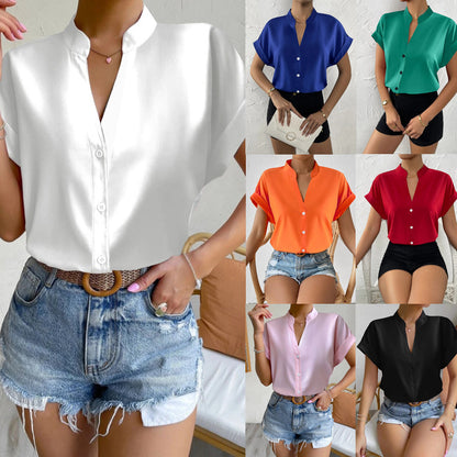 Solid Blouse with Short Sleeves and Band Collar V-Neck